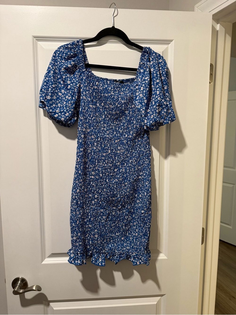 Amazon Blue Floral Puff-Sleeve Smocked Mini Dress